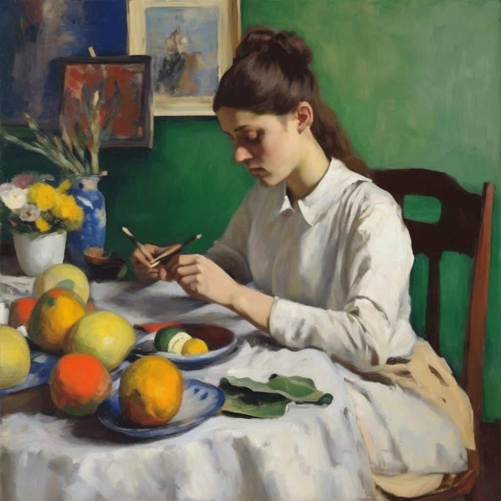 Νεαρή γυναίκα διαβάζει σε τραπέζι με φρούτα, σε πίνακα με αρμονία αντιθέσεων και σύνθεση.
