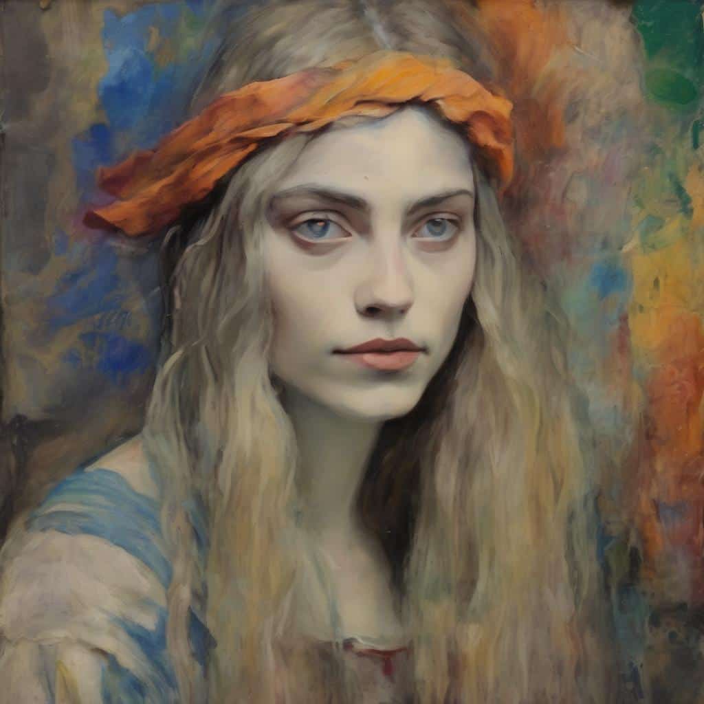 Αρμονία αντιθέσεων στη σύνθεση, πορτρέτο γυναίκας με φυσική ομορφιά και χρωματικές αντιθέσεις, έργο τέχνης.