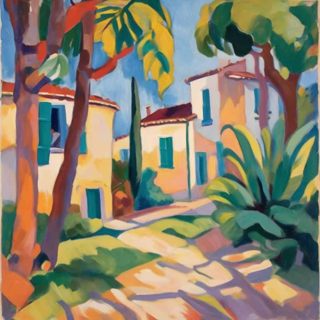 πολυχρωμο τοπίο με παραδοσιακά σπίτια και φυλλώδη δέντρα, ζωγραφική με αρμονία αντιθέσεων και φωτεινές αποχρώσεις.