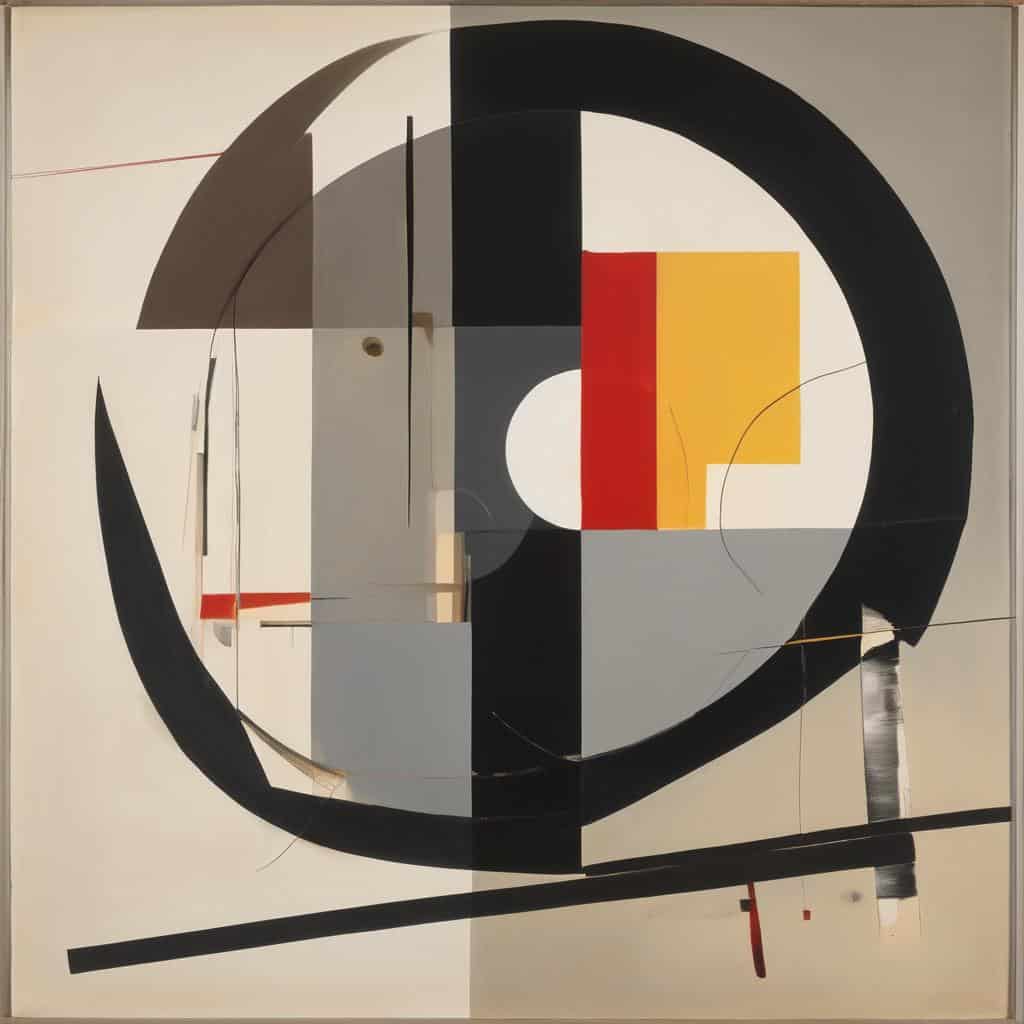 Ρωσικά: αφηρημένη γεωμετρική σύνθεση με κύκλους και μπλοκ χρωμάτων, αρμονία αντιθέσεων.