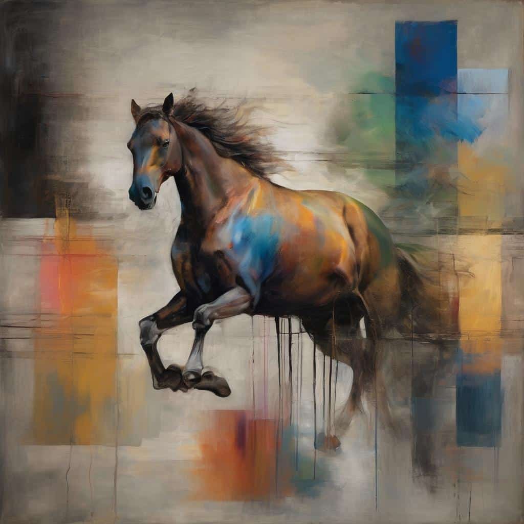 Άλογο με ζωηρά χρώματα και αφηρημένο φόντο, σύνθεση ως αρμονία αντιθέσεων, σύγχρονη καλλιτεχνική δημιουργία.